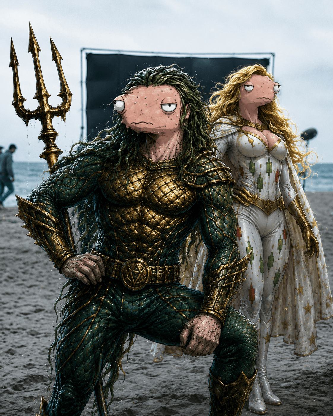 The Dip and Chartlight standing on a beach in original THE BUYS parody art