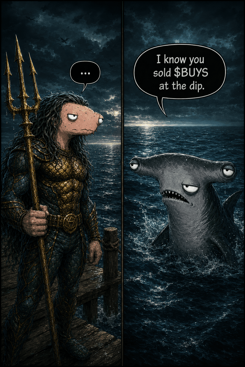The Dip talking with a sea creature in original THE BUYS parody comic art